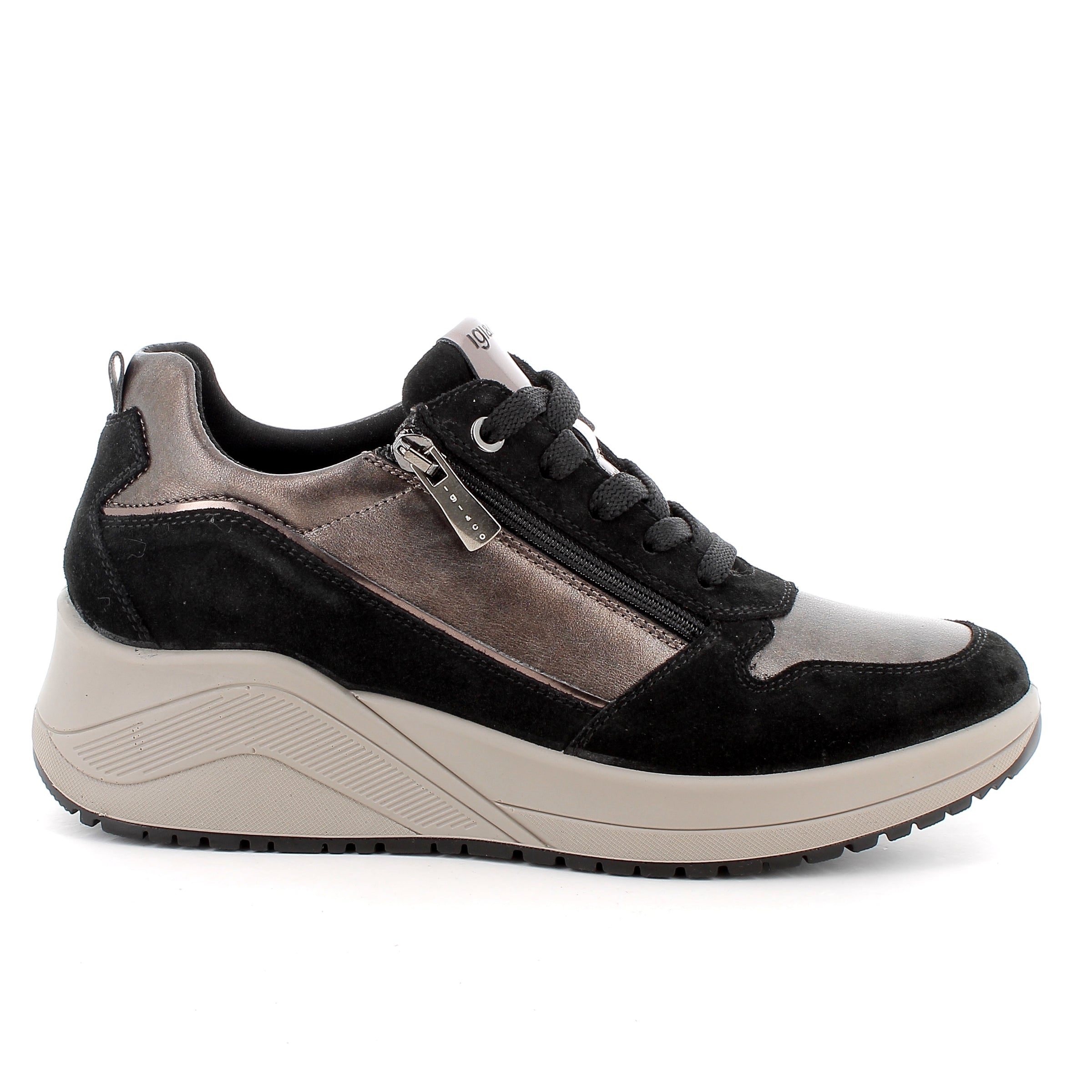 Women’s Platinum and Black Platform Sneakers with Zipper and Laces