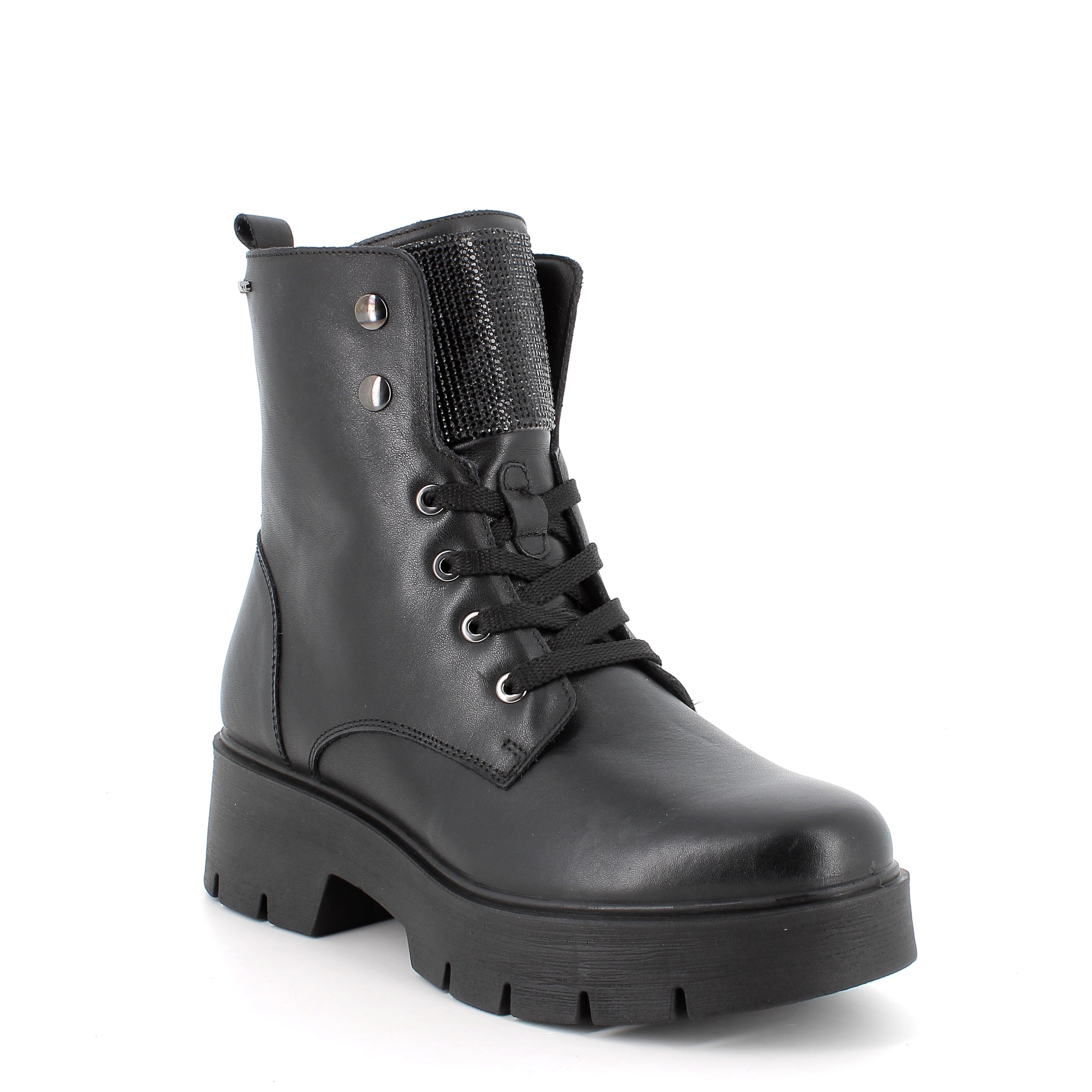 Women’s Black Leather Booties with Rhinestone Tongue and Side Zip