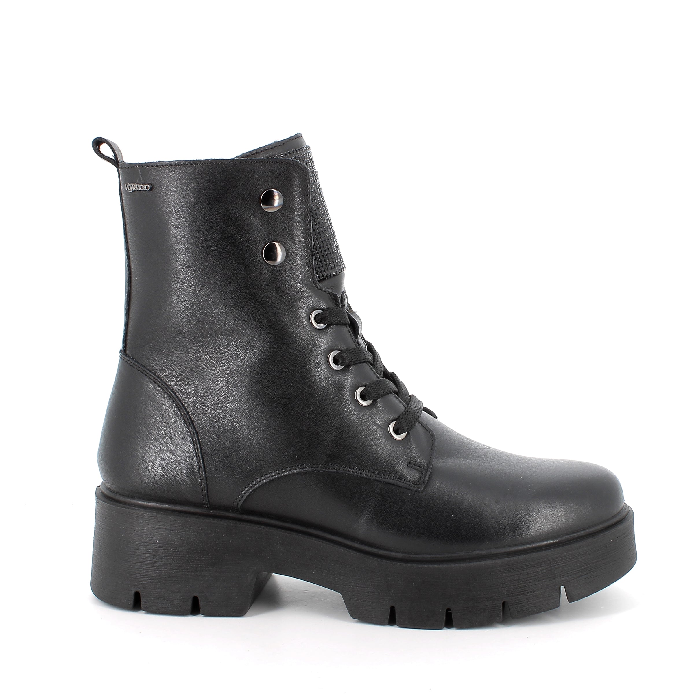 Women’s Black Leather Booties with Rhinestone Tongue and Side Zip