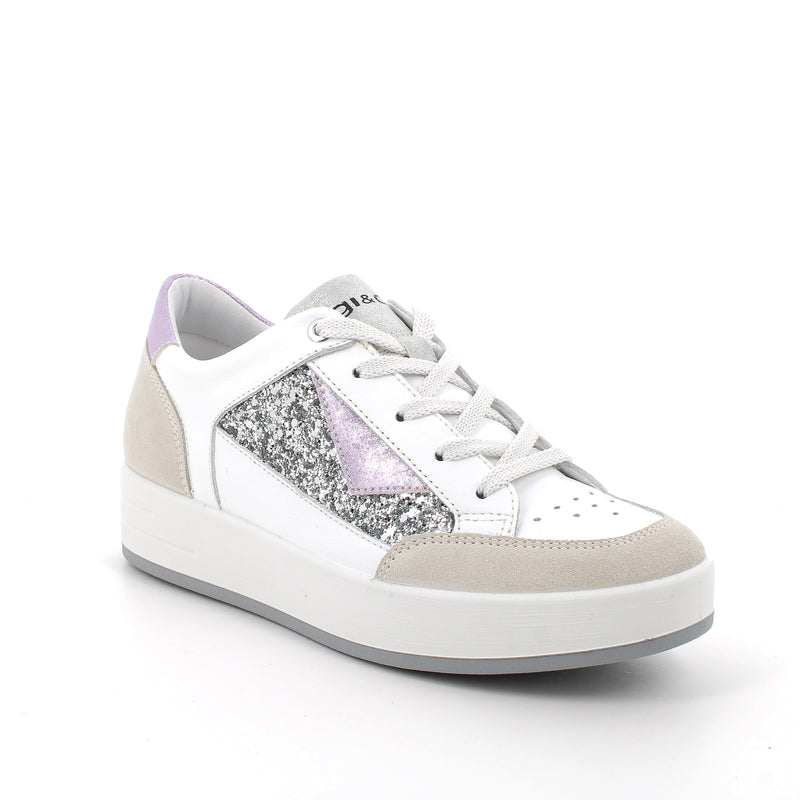 Women's Fashion Sneakers White And Glitter Lace-Up