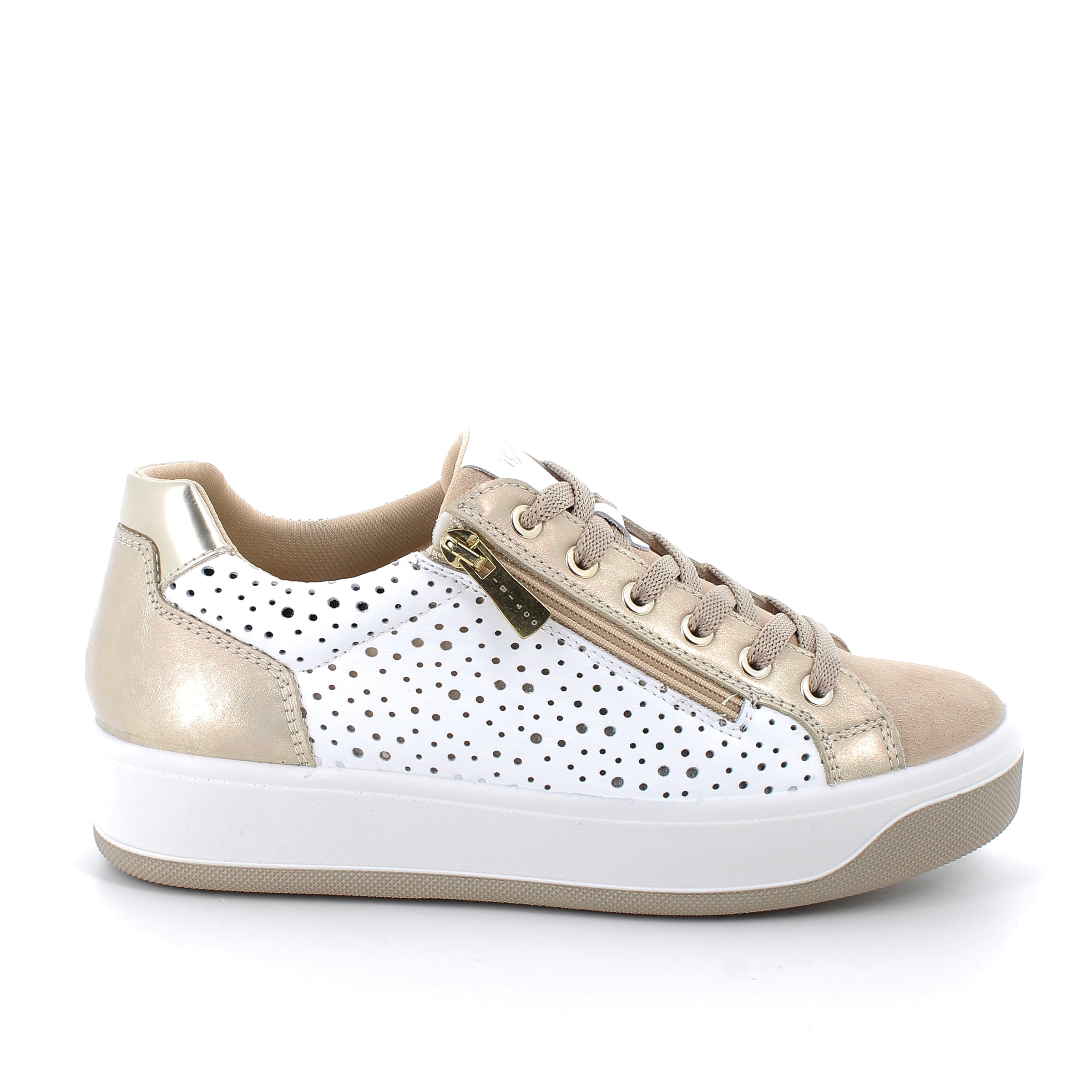 Women’s Fashion Sneakers Gold and White with Zipper and Laces Breathable