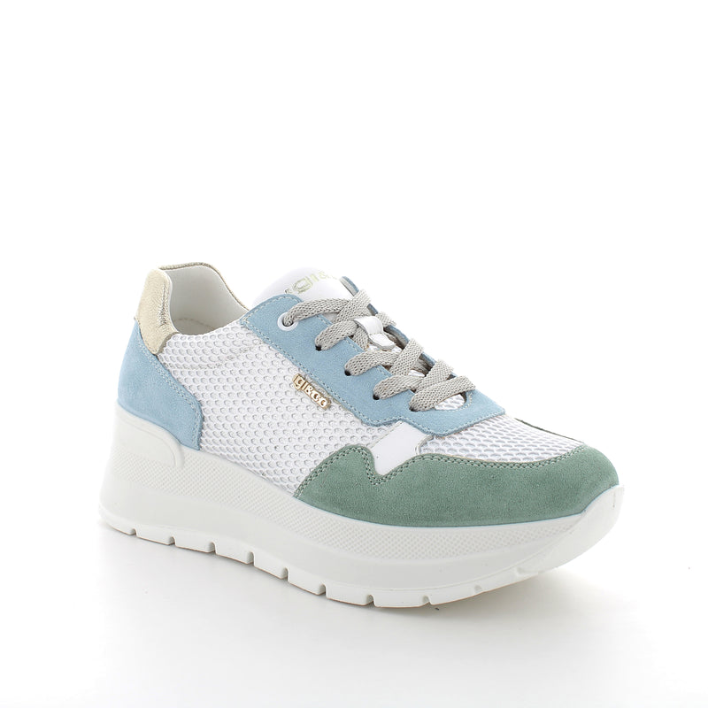 Women's Platform Wedge Casual Sneakers Green and Sky Blue with Laces