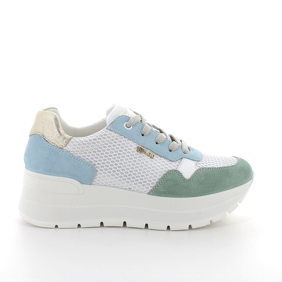 Women's Platform Wedge Casual Sneakers Green and Sky Blue with Laces