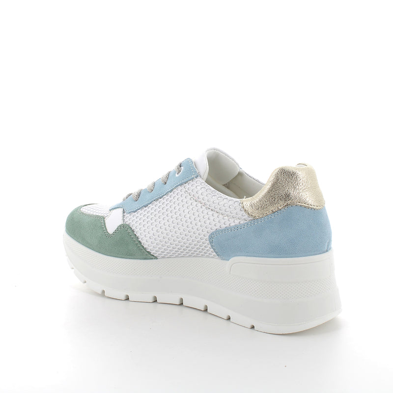 Women's Platform Wedge Casual Sneakers Green and Sky Blue with Laces