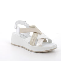 Women’s White and Platinum Wedge Leather Sandals with Strap Closure