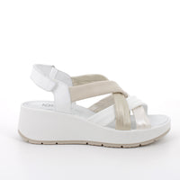 Women’s White and Platinum Wedge Leather Sandals with Strap Closure