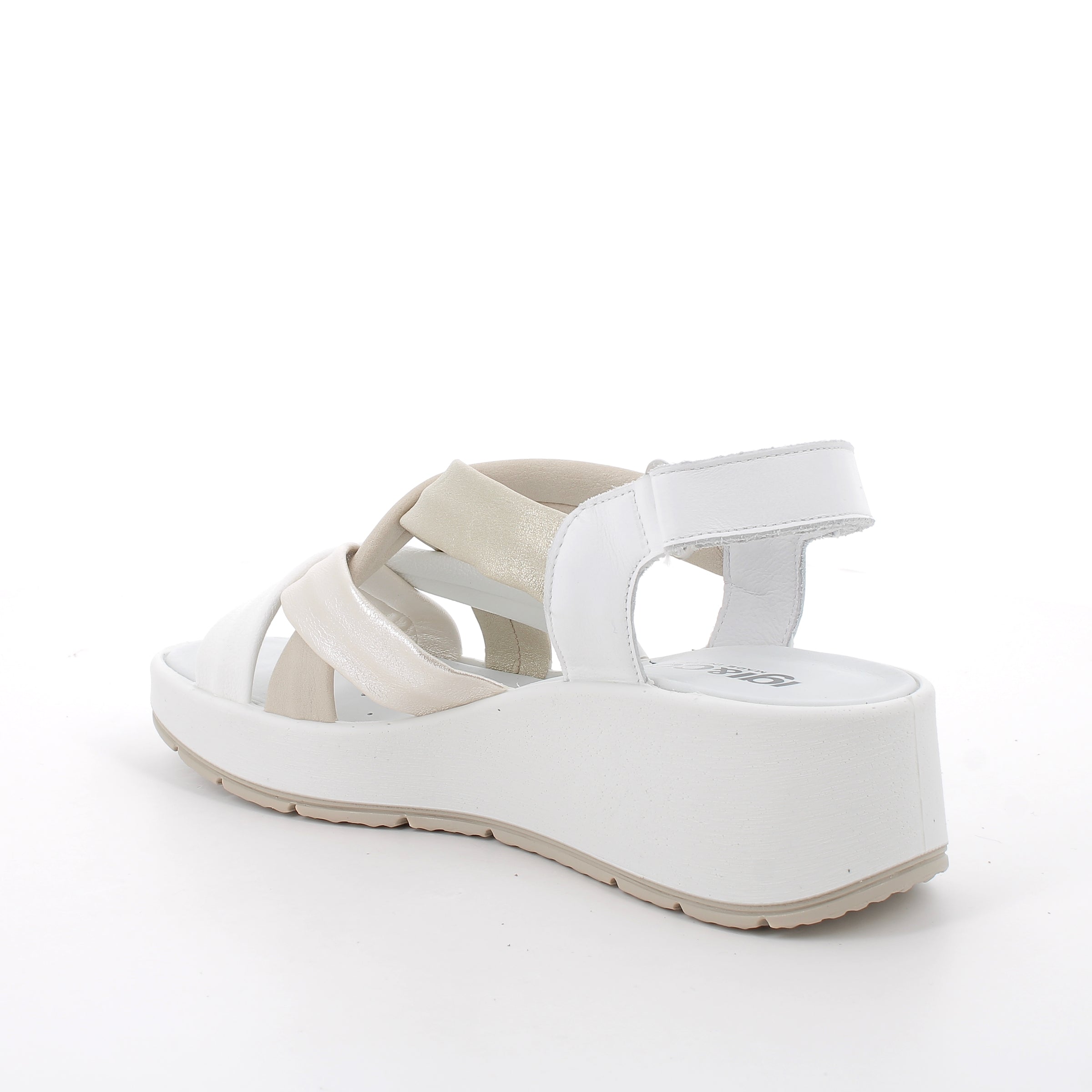 Women’s White and Platinum Wedge Leather Sandals with Strap Closure