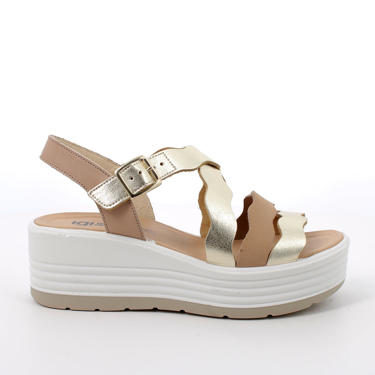 Women's Platform Wedge Sandals with Buckle Platinum and Beige