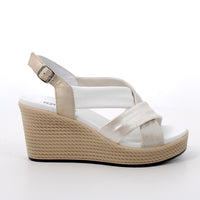 Women’s White and Beige Wedge Fashion Comfort Sandals with Buckle