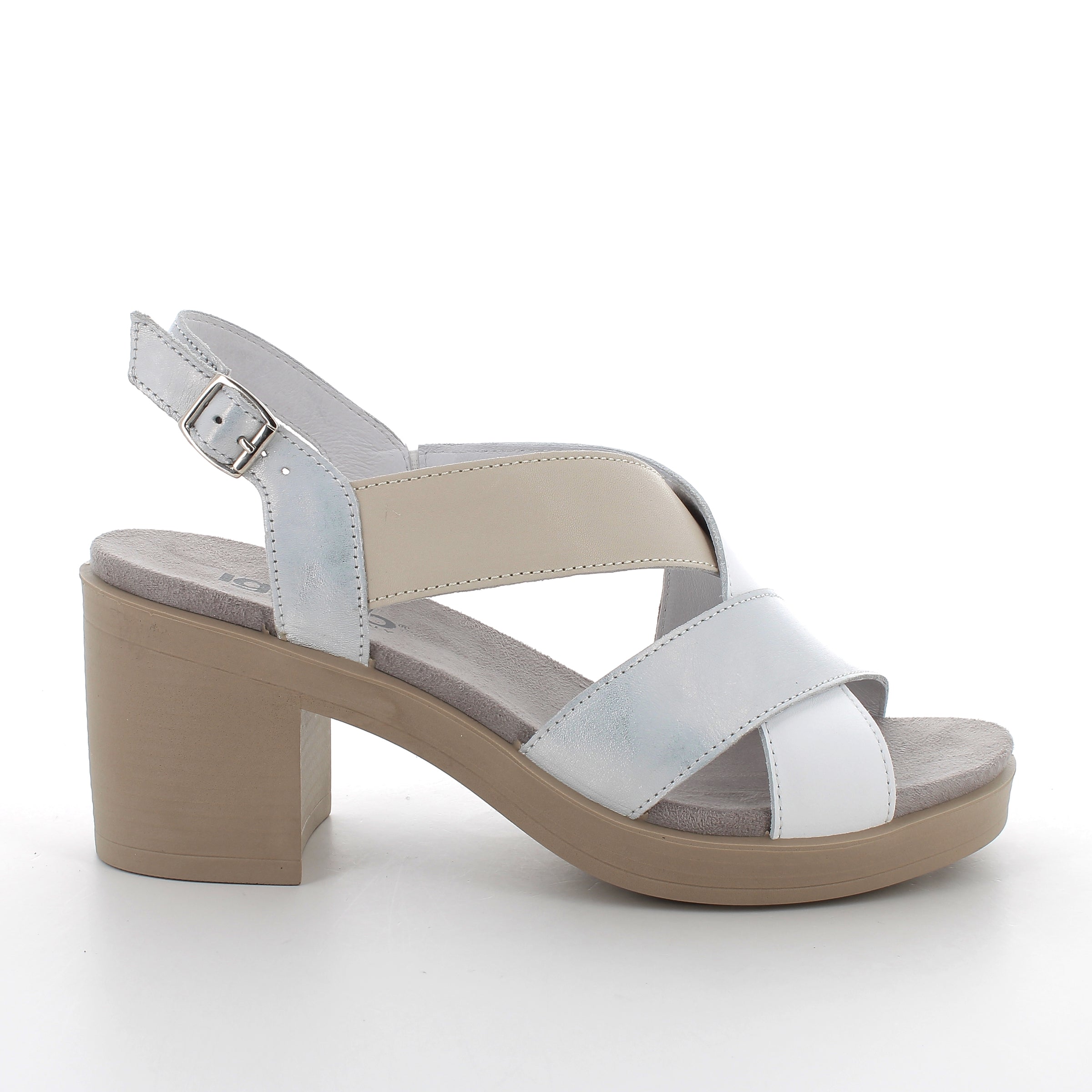 Women’s Leather Heeled Sandals Silver and Beige