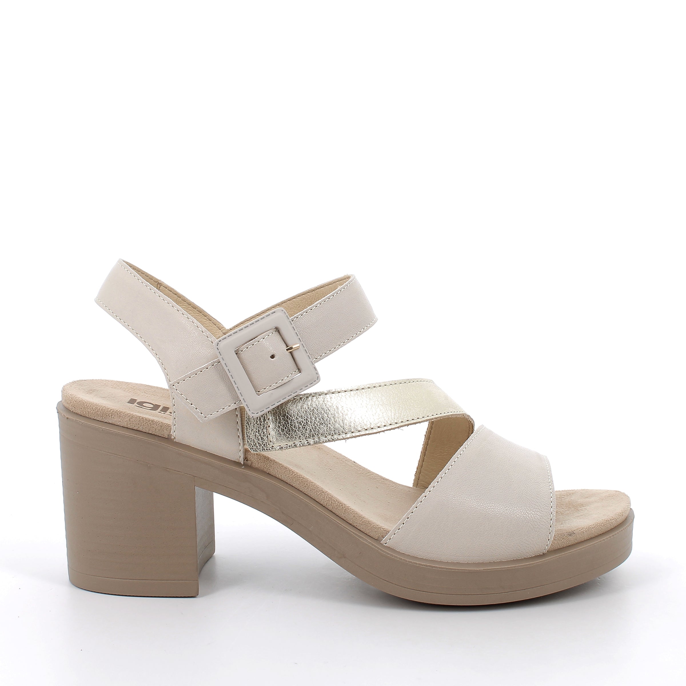Women’s White and Platinum Heeled Fashion Sandals with Buckle Comfortable