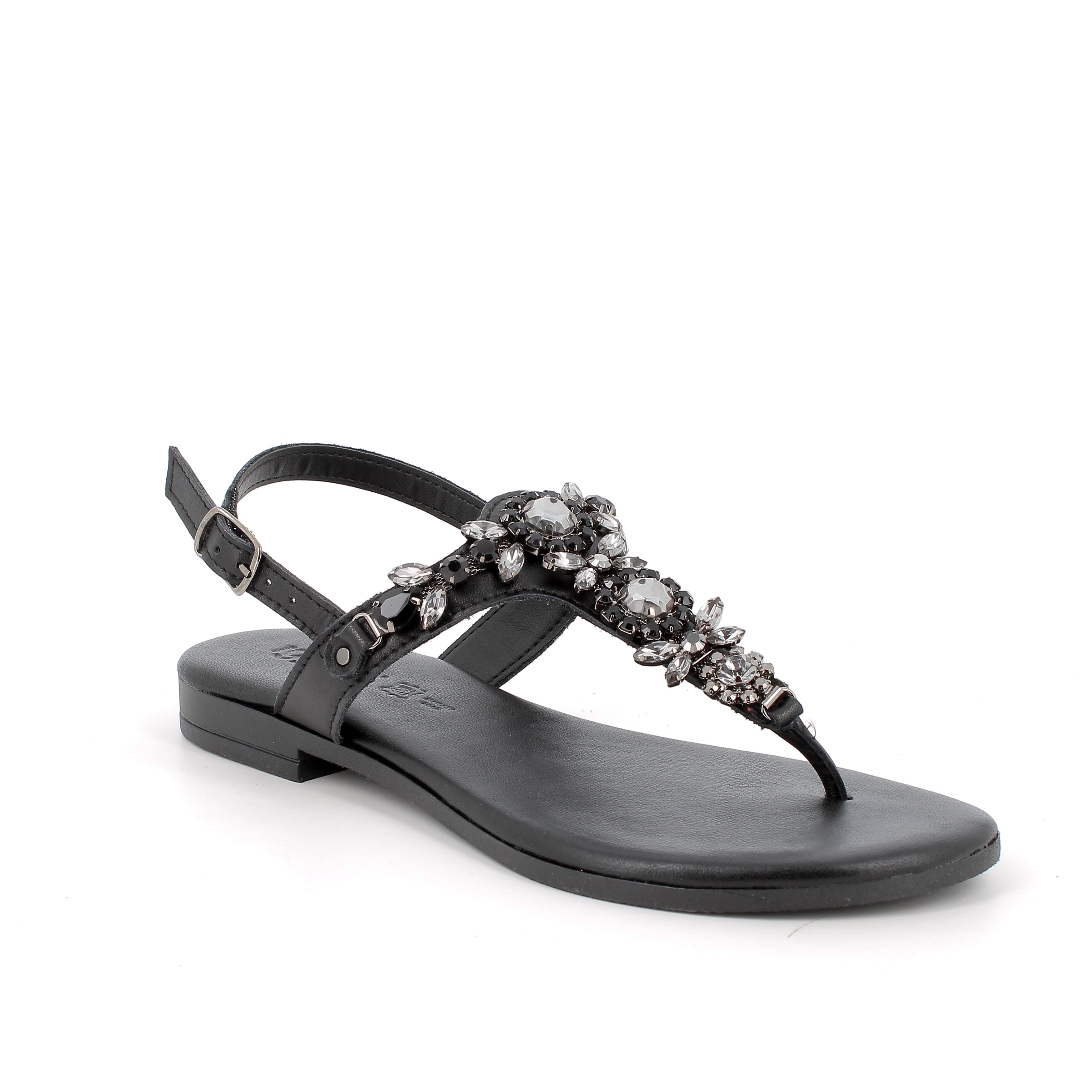 Women’s Flat Thong Sandals Black with Decorative Stones