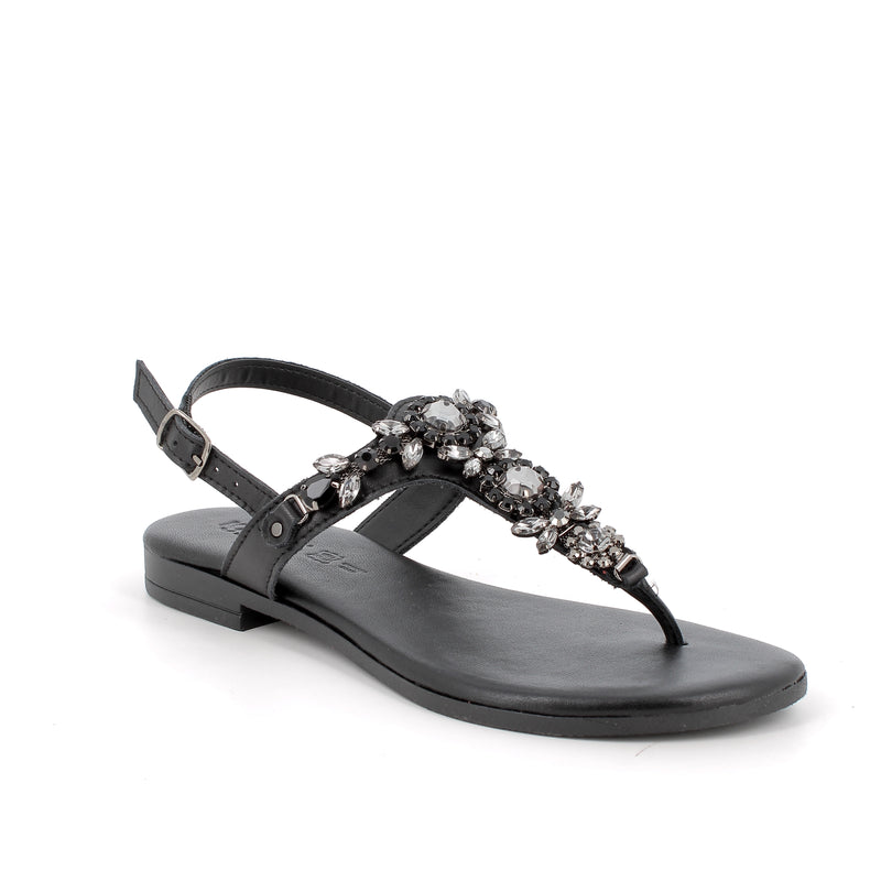 Women’s Flat Thong Sandals Black with Decorative Stones