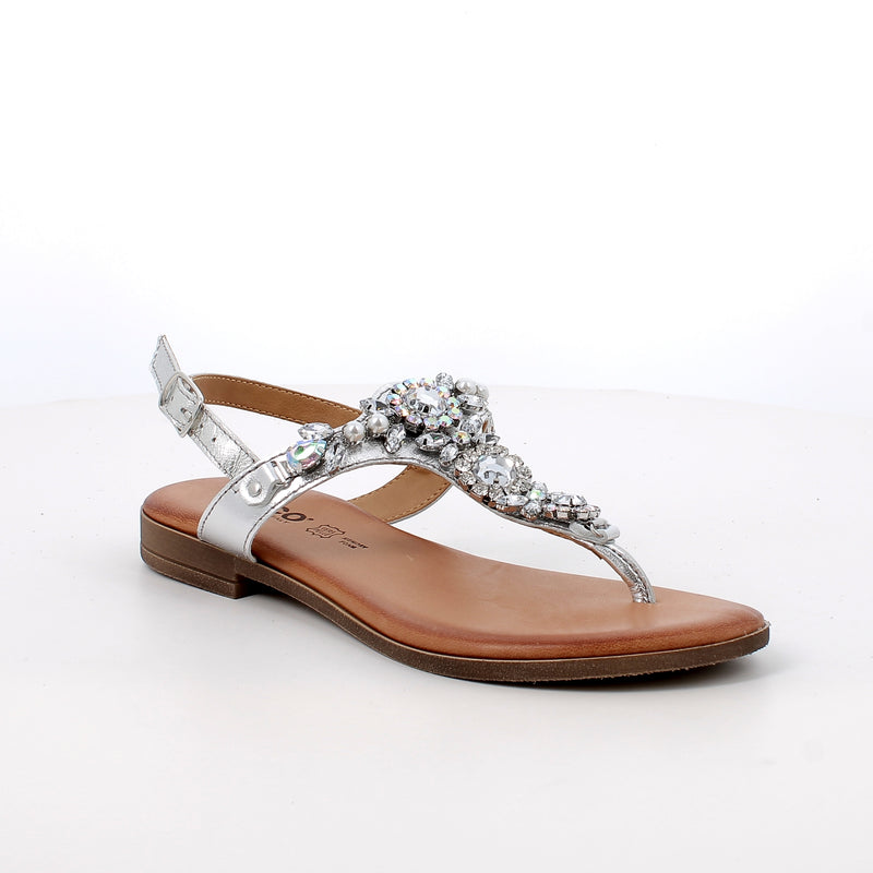 Women’s Silver Thong Sandals with Buckle and Decorative Stones