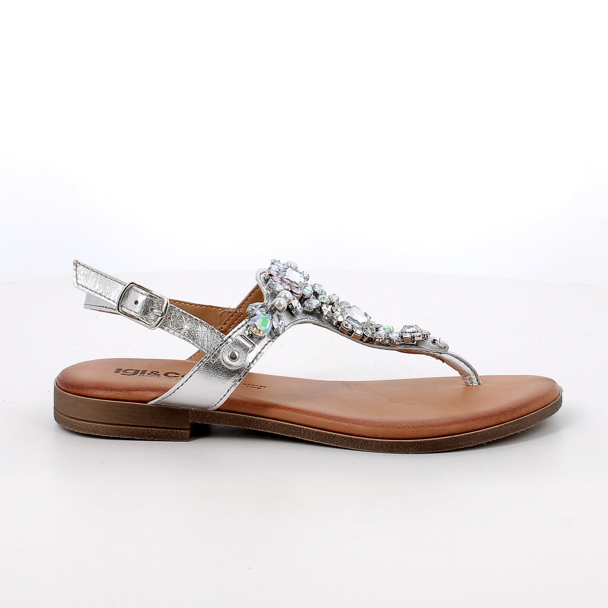 Women’s Silver Thong Sandals with Buckle and Decorative Stones