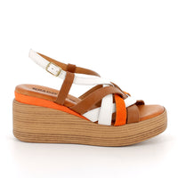 Women’s Brown and White Wedge Sandals with Buckle

