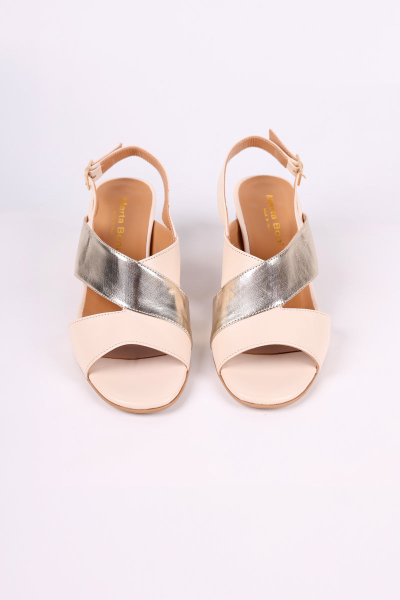 Pair of beige and Gold low heels  open-toe sandals on a white background