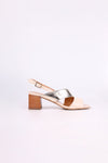 Gold and Beige  sandal with wooden low heel on a light pink background