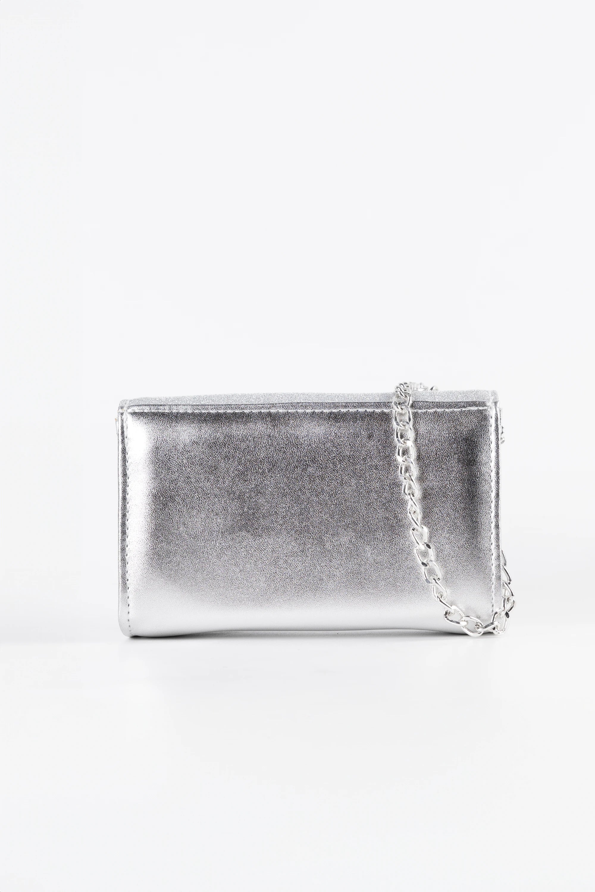 Dolce Silver Micro Glitter and Vegan Leather Chain Clutch