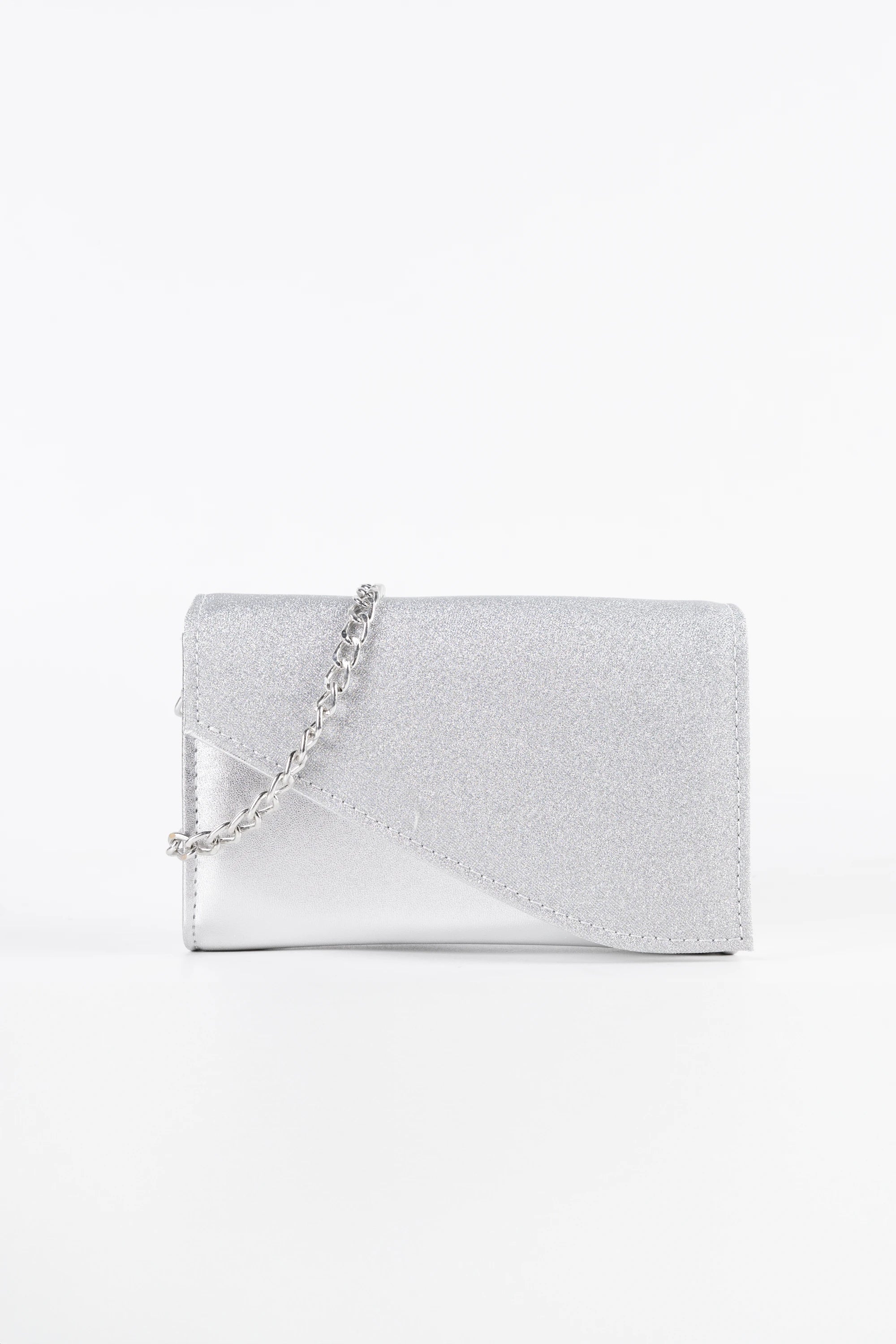 Dolce Silver Micro Glitter and Vegan Leather Chain Clutch