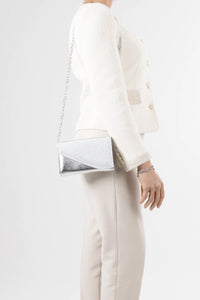 Dolce Silver Micro Glitter and Vegan Leather Chain Clutch
