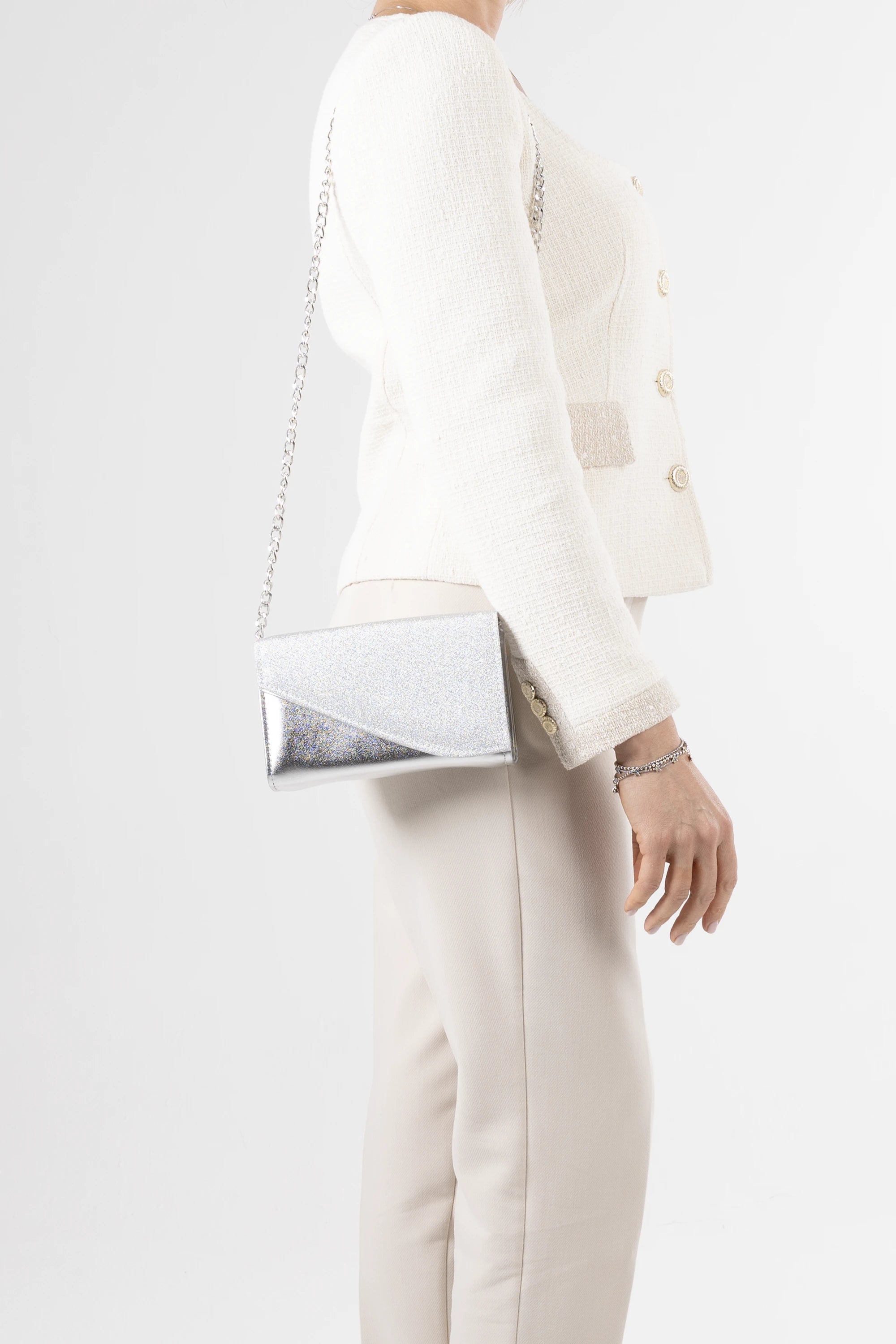 Dolce Silver Micro Glitter and Vegan Leather Chain Clutch