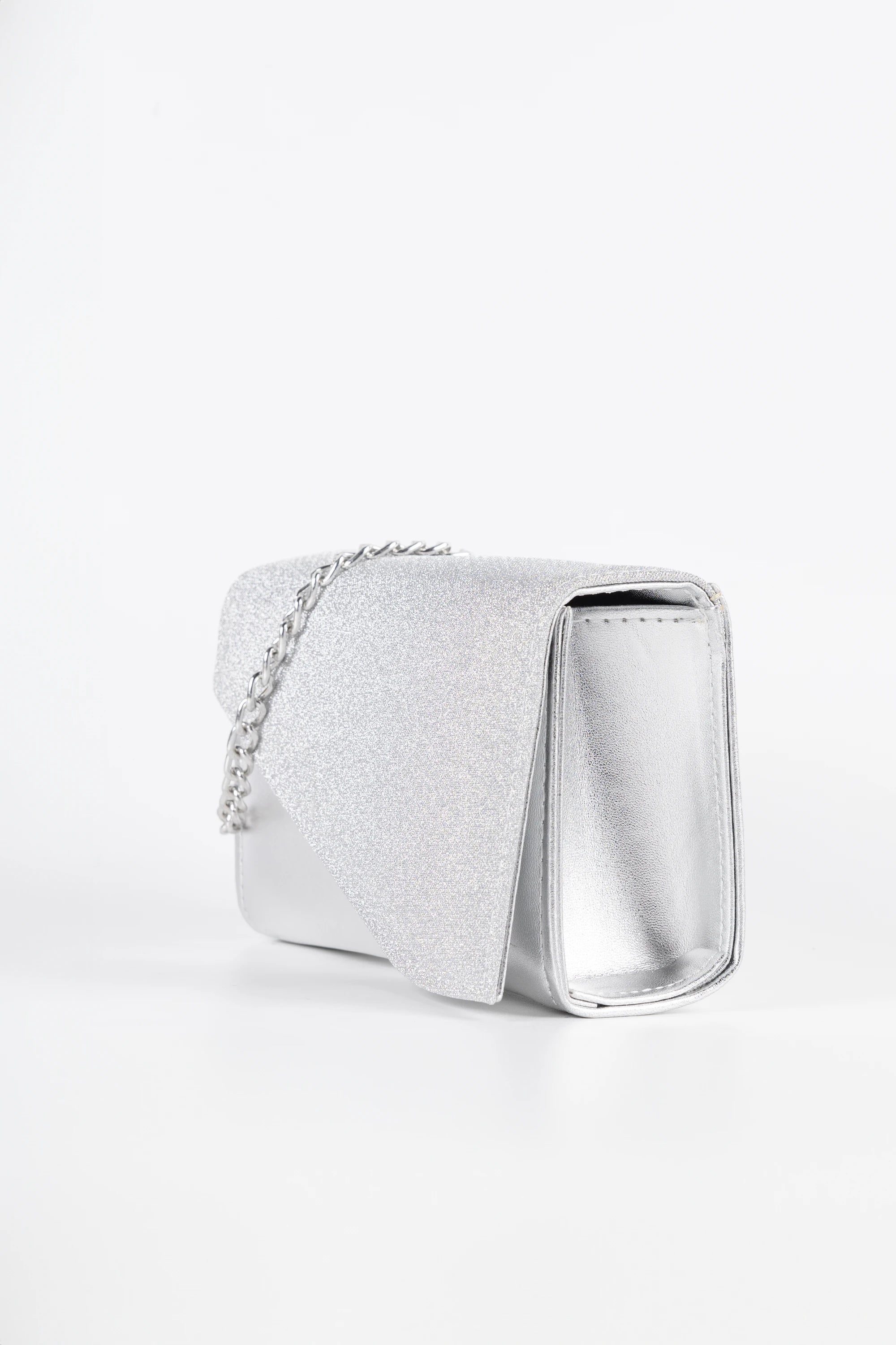 Dolce Silver Micro Glitter and Vegan Leather Chain Clutch