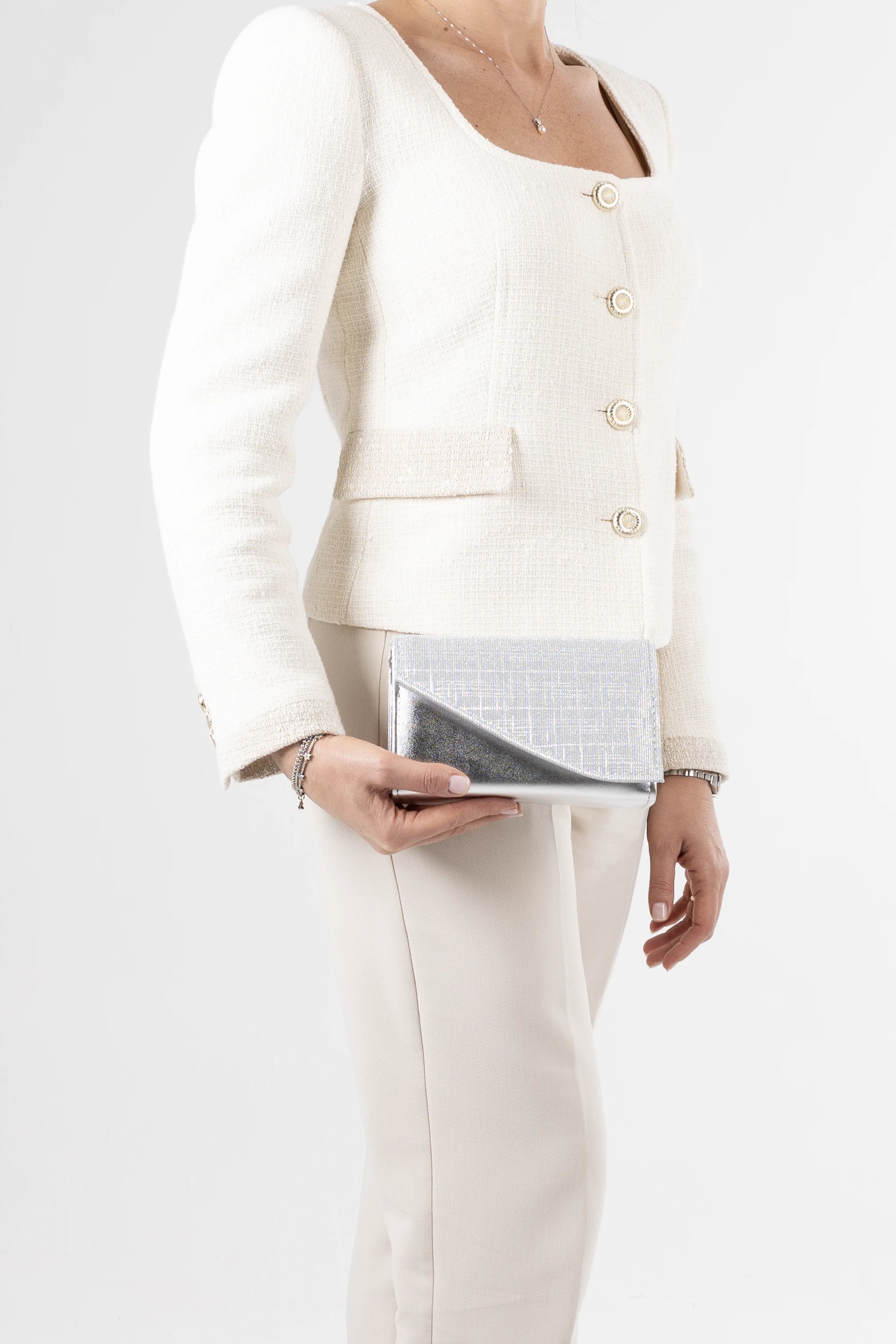 Dolce Silver Textured Glitter and Vegan Leather Chain Clutch