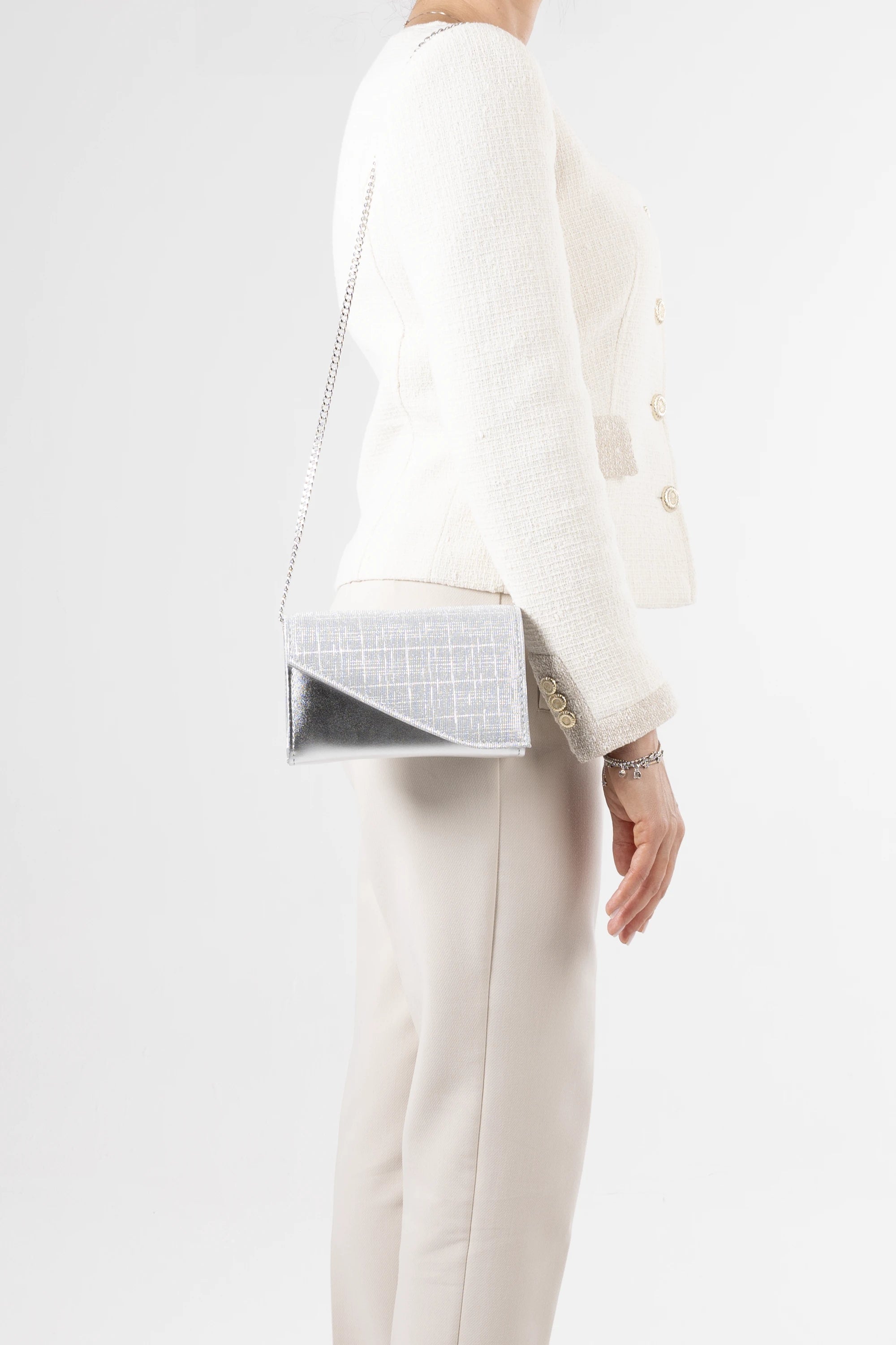 Dolce Silver Textured Glitter and Vegan Leather Chain Clutch