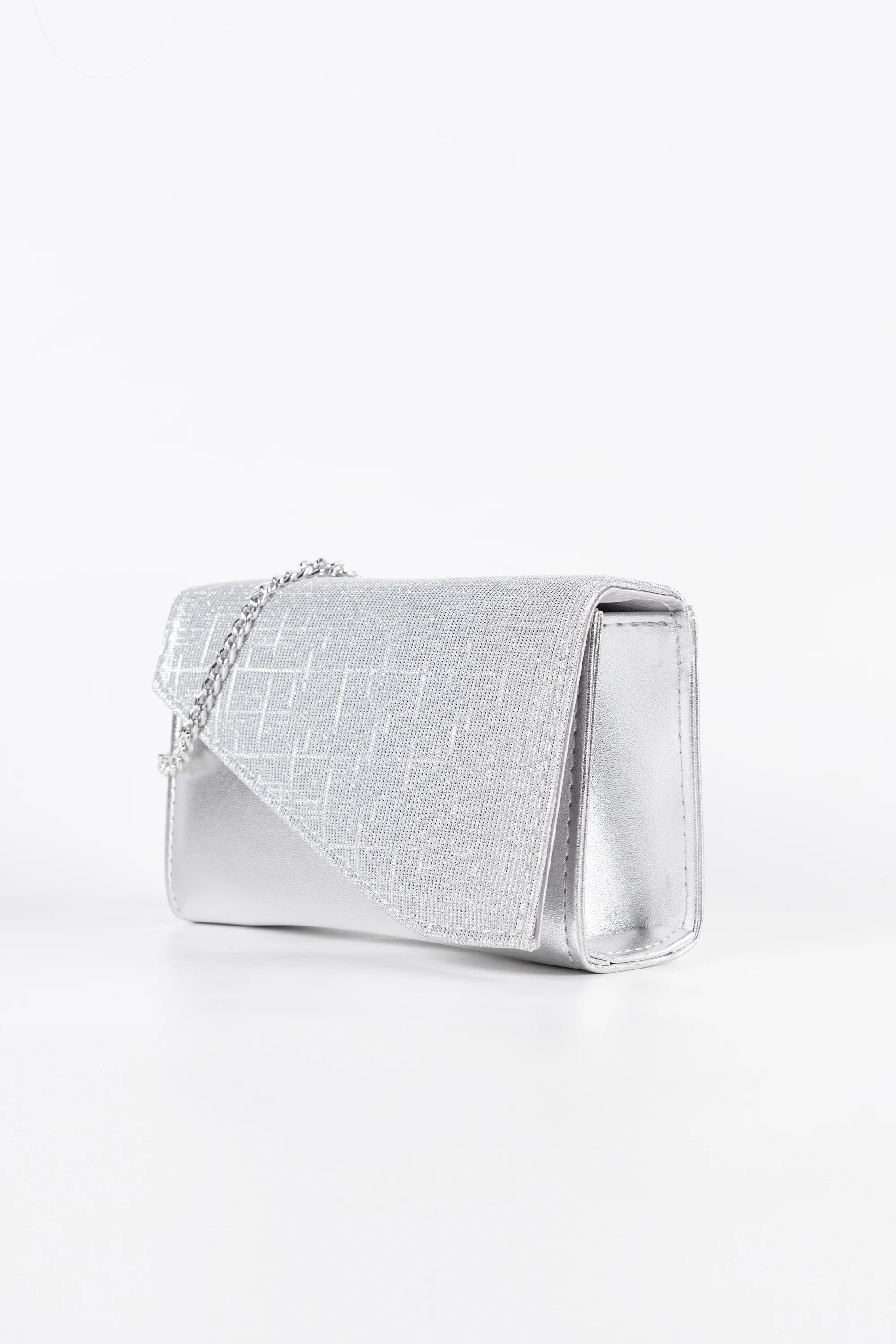 Dolce Silver Textured Glitter and Vegan Leather Chain Clutch