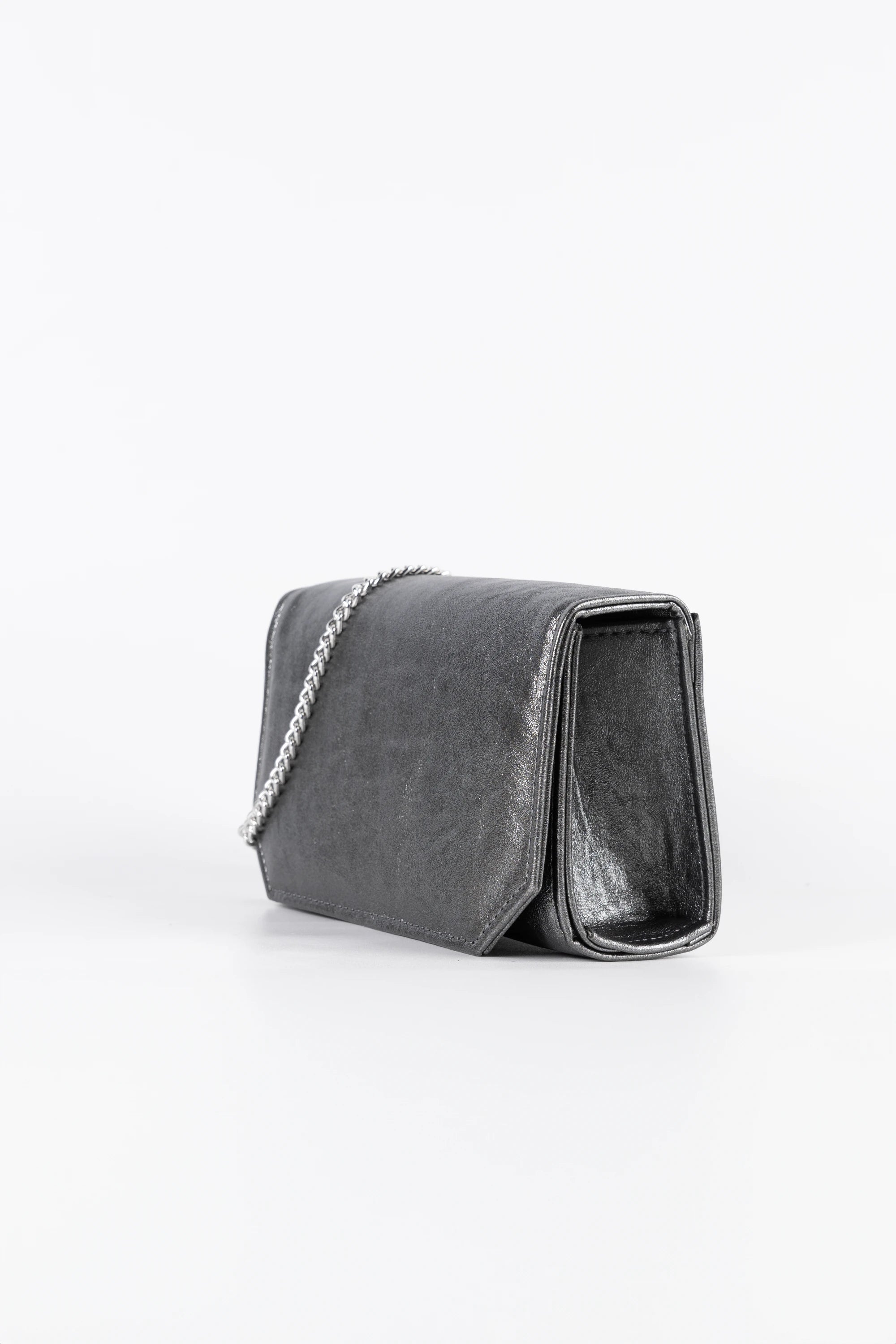 Diva Metallic Charcoal Vegan Leather Chain Clutch