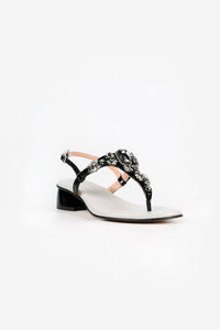 Capri Black Leather Smoky Crystal Jeweled Sandals