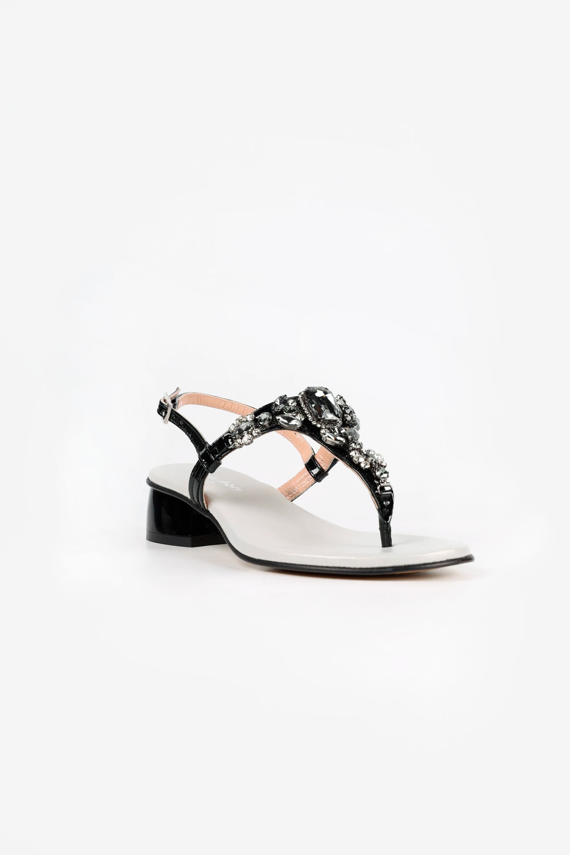 Capri Black Leather Smoky Crystal Jeweled Sandals