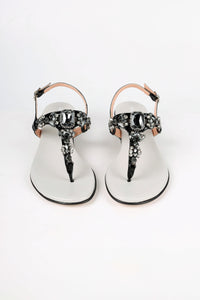 Capri Black Leather Smoky Crystal Jeweled Sandals