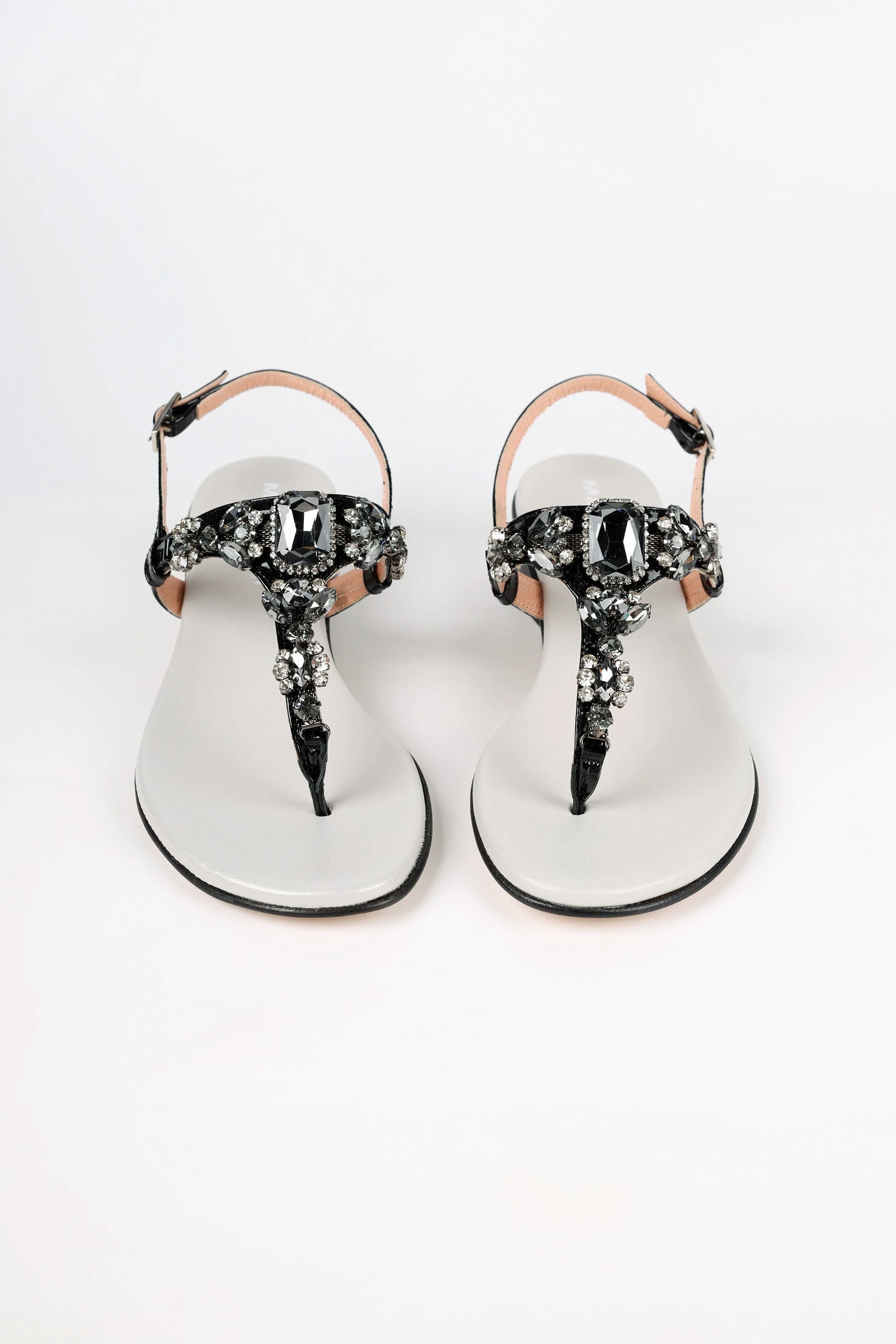Capri Black Leather Smoky Crystal Jeweled Sandals