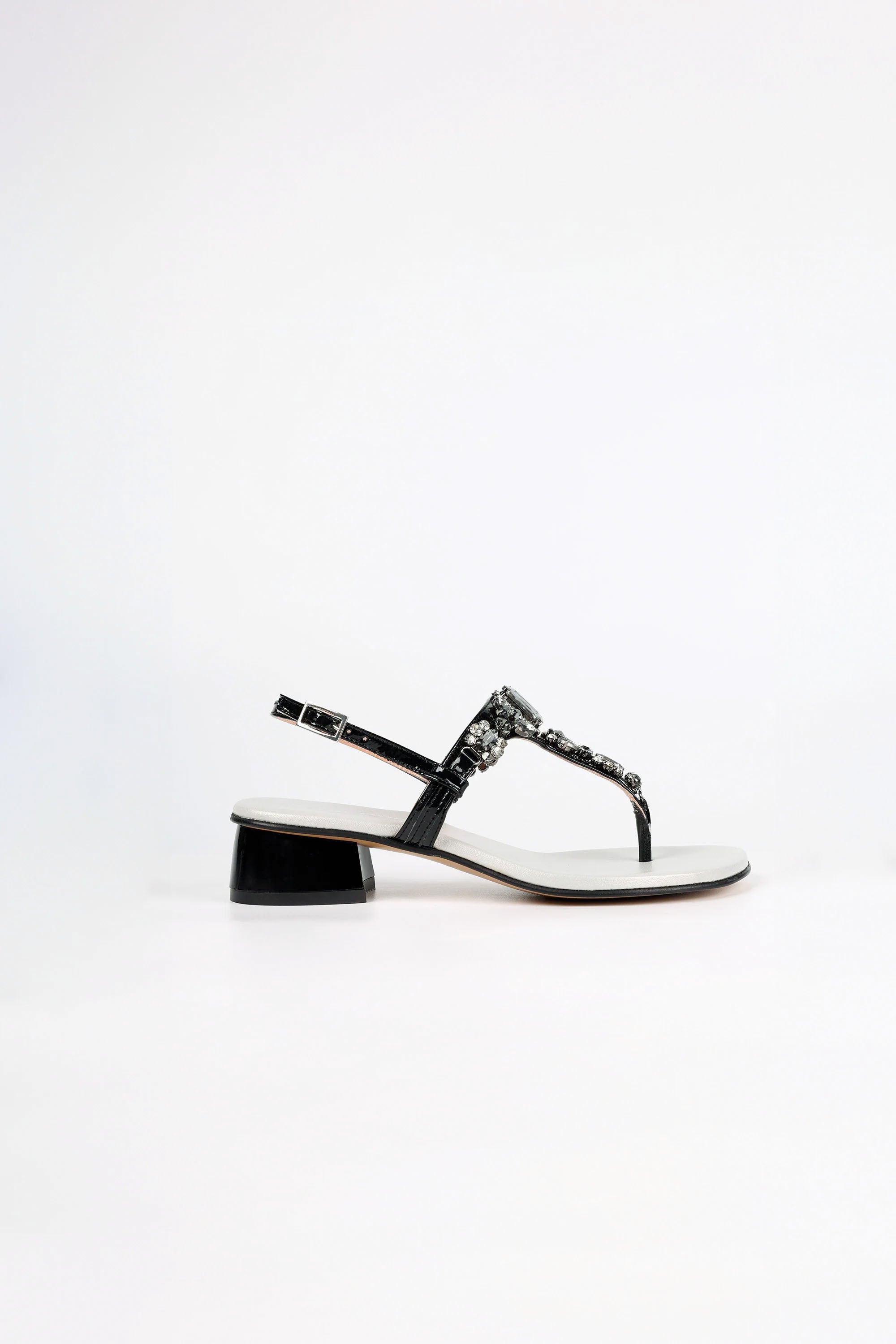 Capri Black Leather Smoky Crystal Jeweled Sandals
