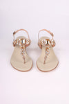 Pair of Platinum  sandals low heels with gold embellishments on a white background