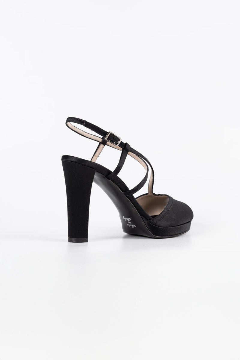 Luna Black Satin Platform Strappy Sandals