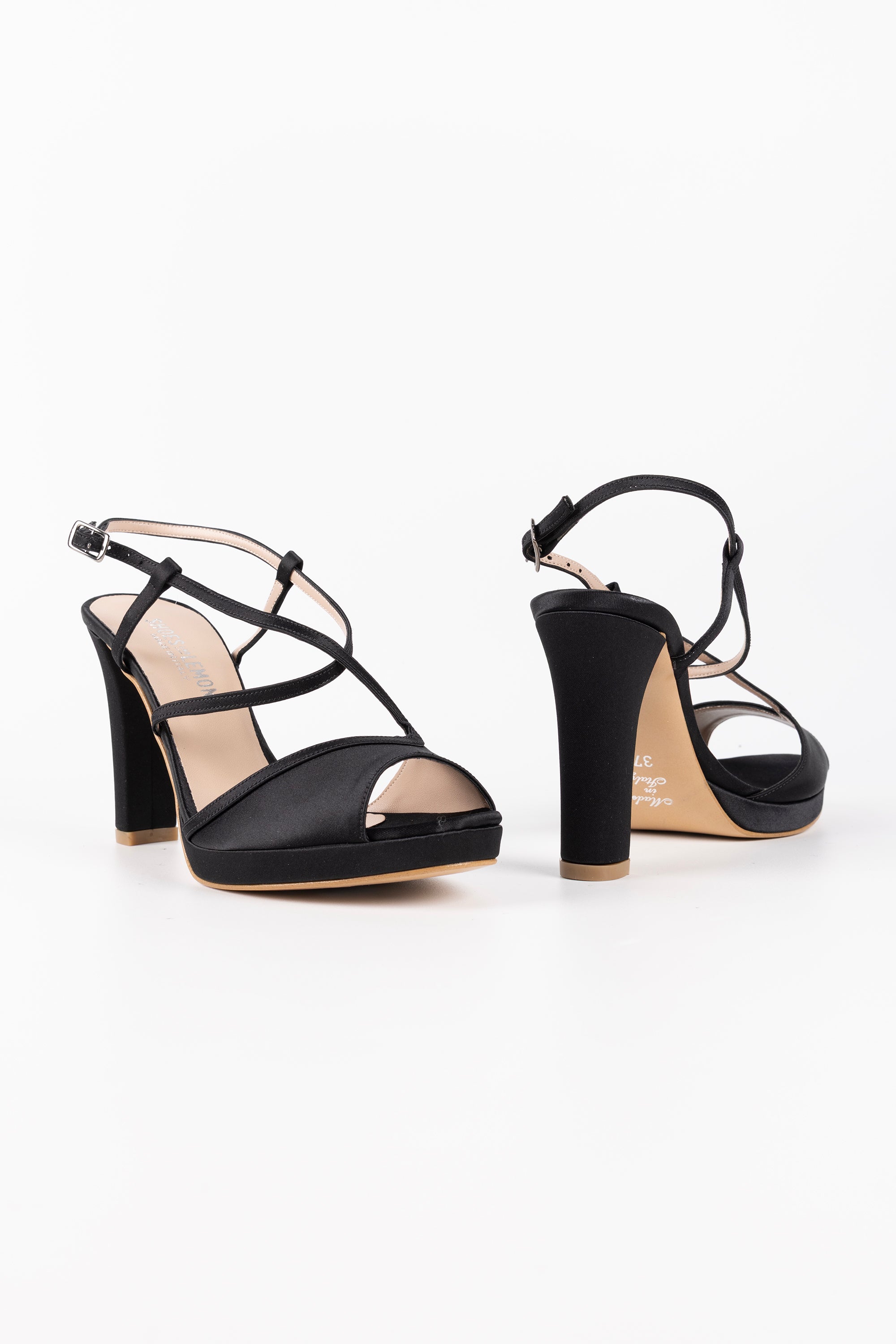 Luna Black Satin Platform Strappy Sandals