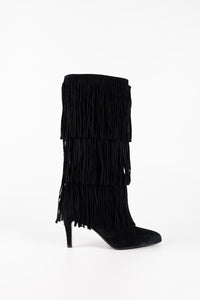 Sahara Fringe Suede Knee-High Boots Black