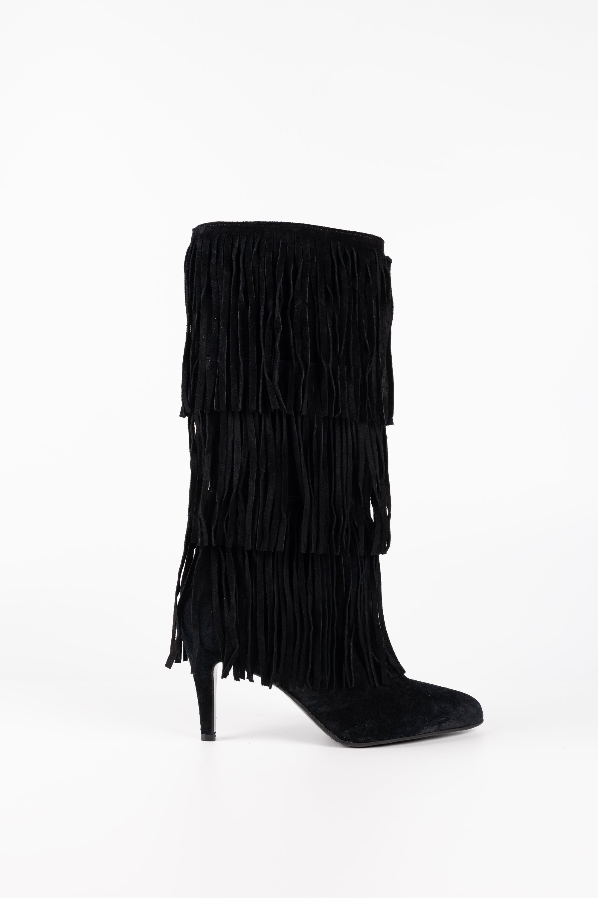Sahara Fringe Suede Knee-High Boots Black