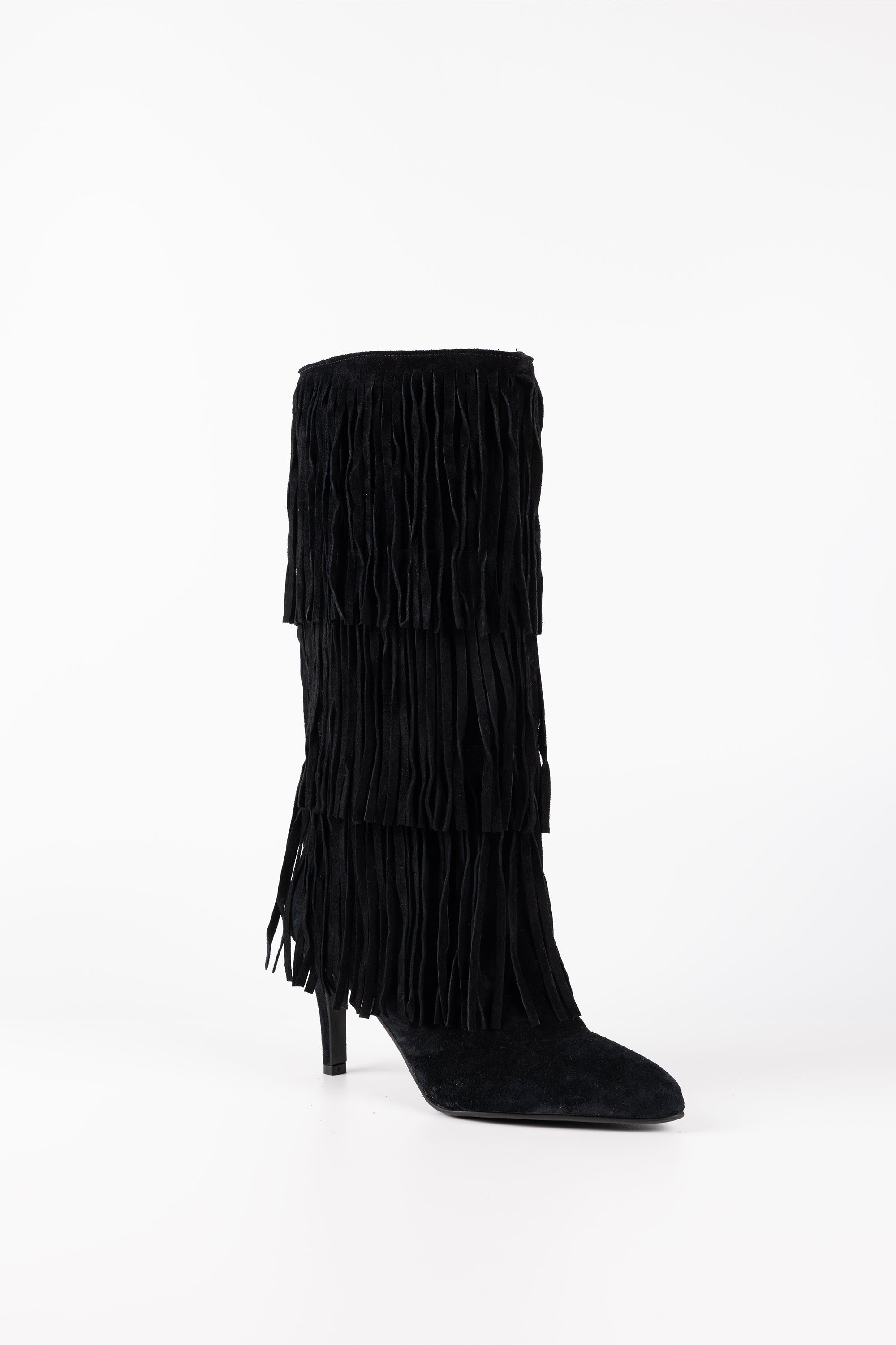 Sahara Fringe Suede Knee-High Boots Black