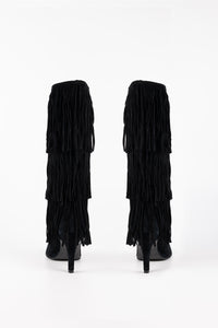 Sahara Fringe Suede Knee-High Boots Black