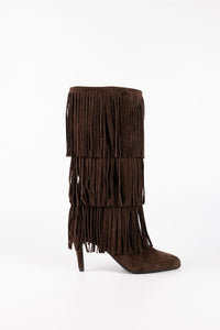 Sahara Fringe Suede Knee-High Boots Dark Brown
