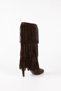 Sahara Fringe Suede Knee-High Boots Dark Brown