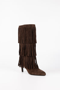 Sahara Fringe Suede Knee-High Boots Dark Brown
