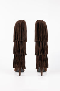 Sahara Fringe Suede Knee-High Boots Dark Brown