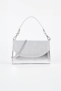 Stella Silver Metallic & Glitter Clutch. Italian vegan leather with 2 interchangeable straps: silver chain and glitter handle. Made in Italy.