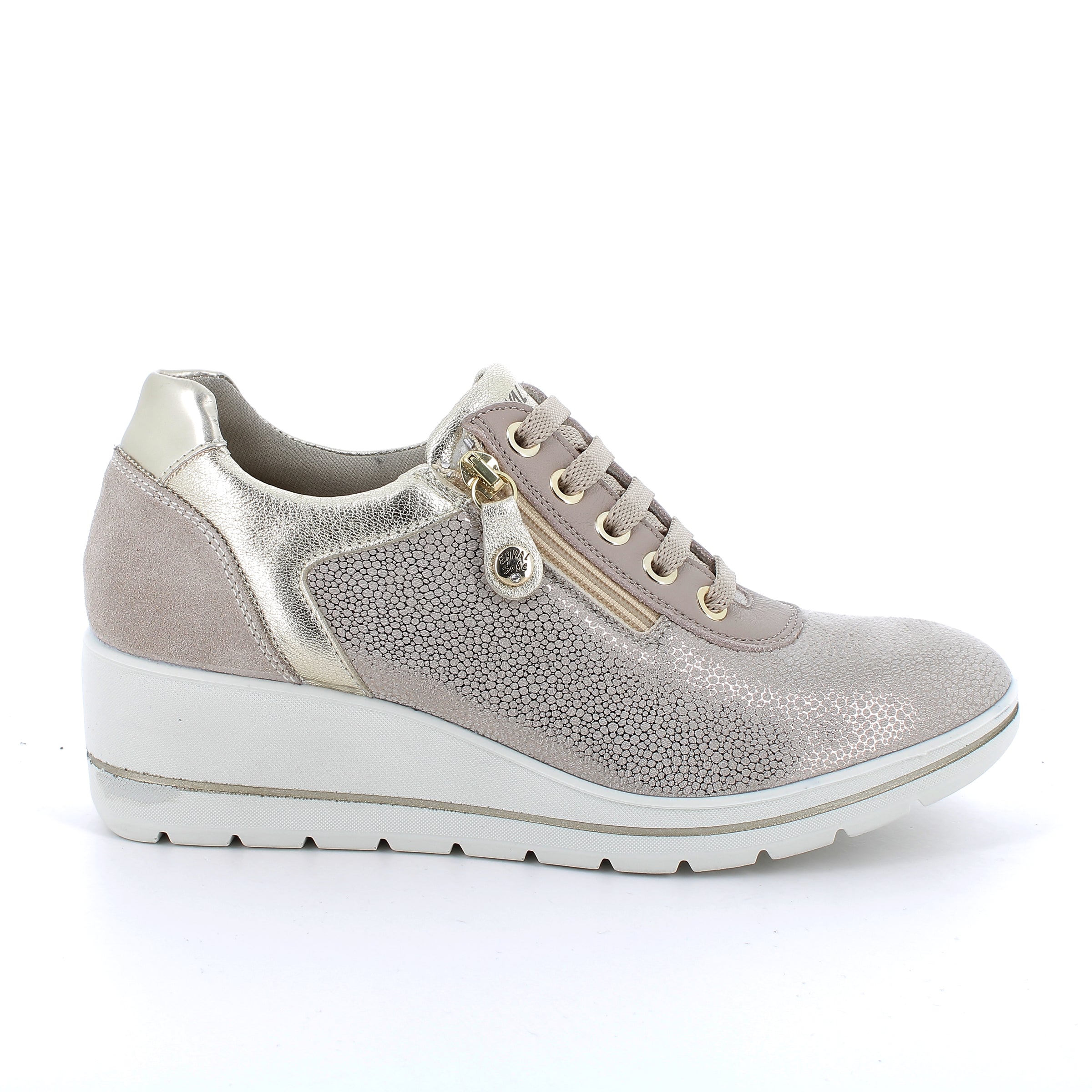 Women’s Beige Leather Wedge Shoes with Laces and Side Zipper Ultra Comfort