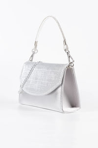 Stella Silver Metallic & Glitter Clutch. Italian vegan leather with 2 interchangeable straps: silver chain and glitter handle. Made in Italy.